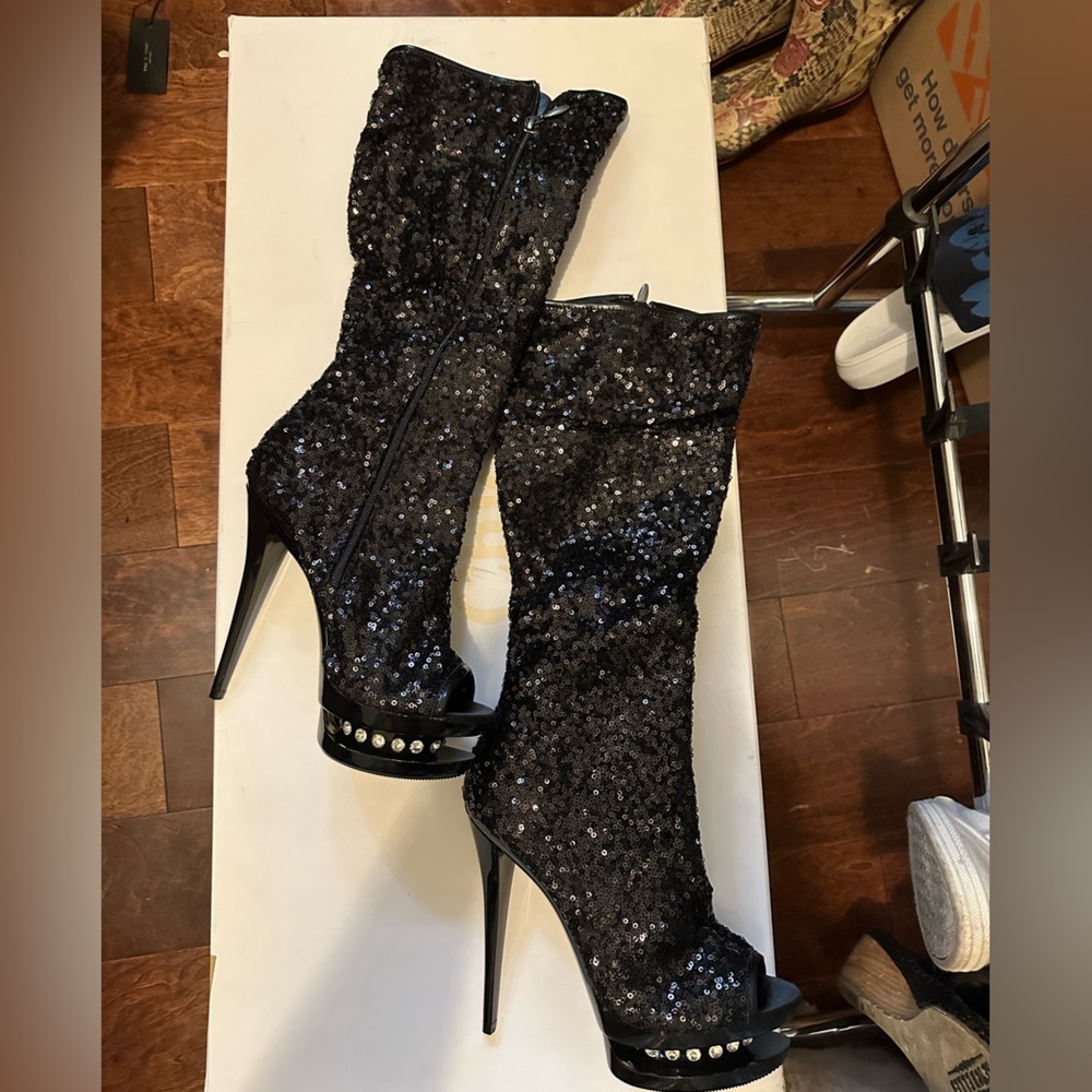 Pleaser Black Sequin Heeled Boots